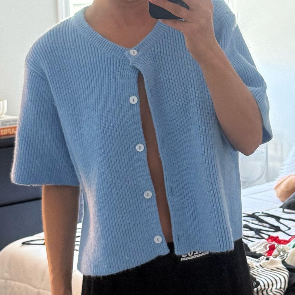 Light Blue Short-Sleeve Button Cardigan - Women M